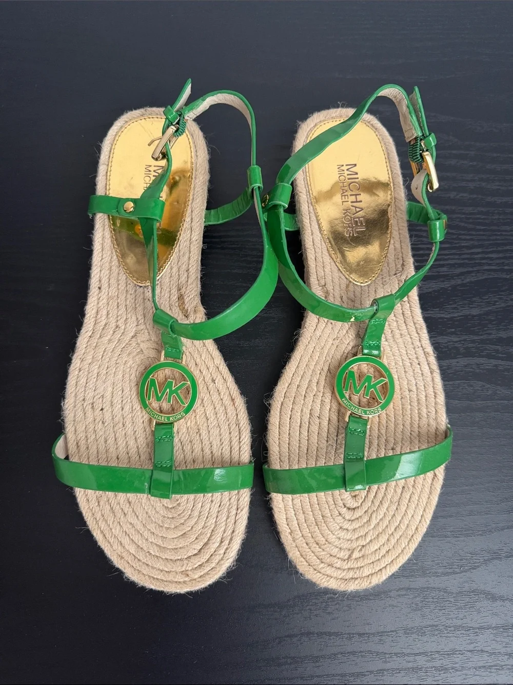 Michael Kors Green Leather MK Medallion Espadrille Sandals